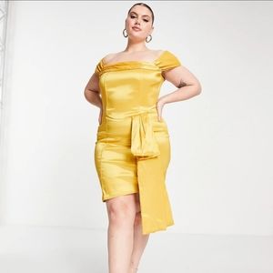 Collective the Label Curve Off Shoulder Drape Satin Mini Dress in Gold, Size 12